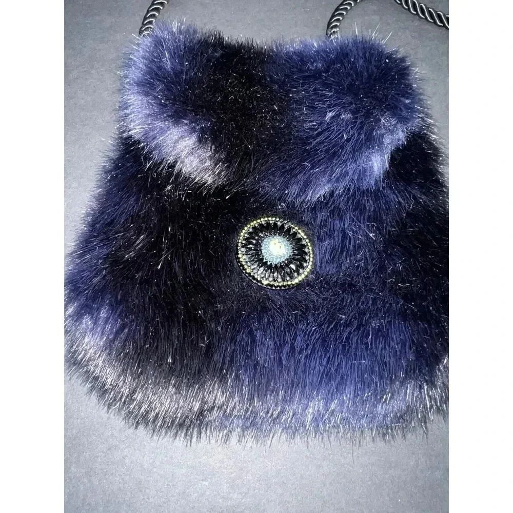 Vintage Christine Clarke faux fur mink purse crossbody satchel bag blue artsy